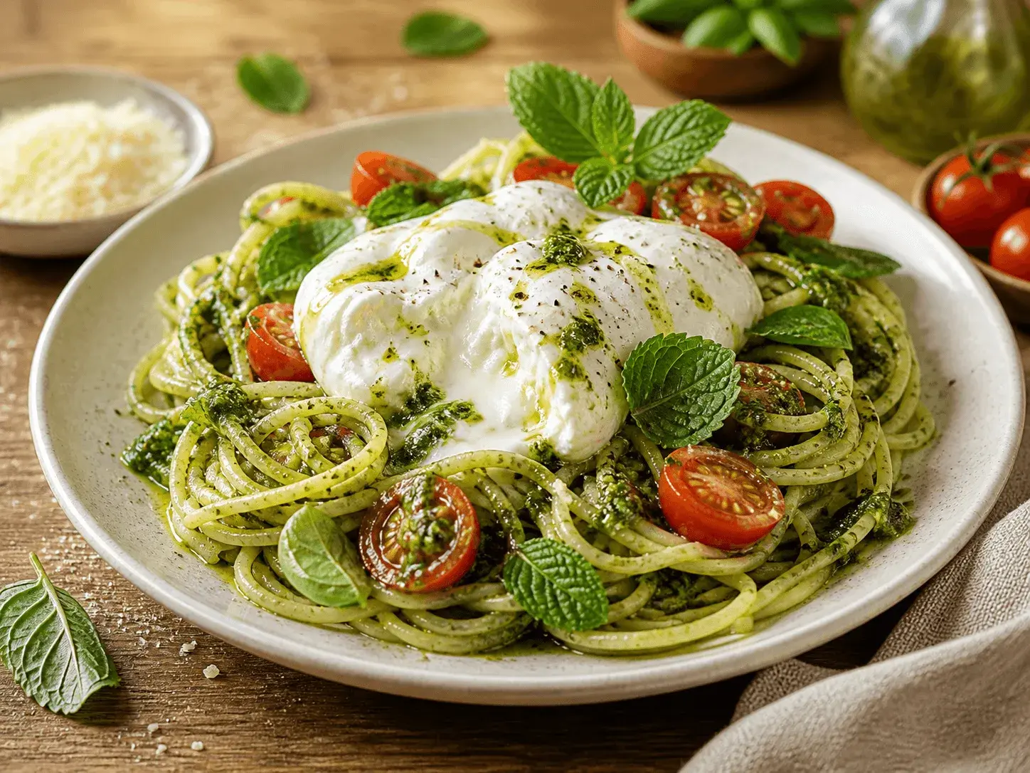 Spaghetti cu pesto de mentă și burrata