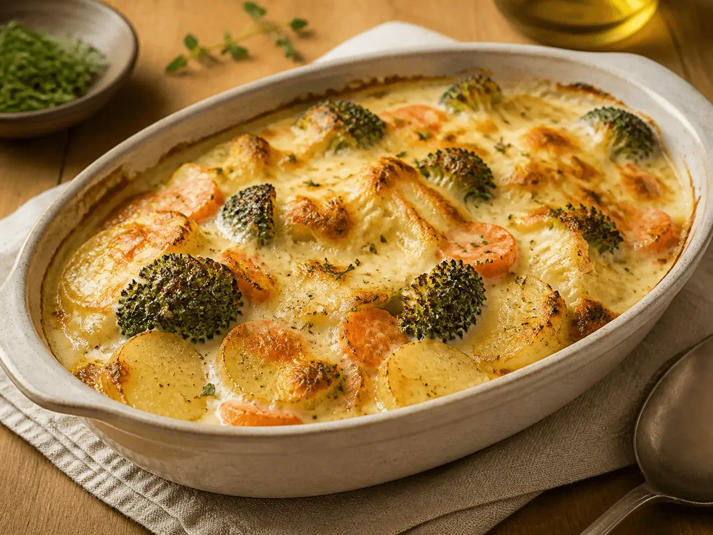 Legume coapte în smântână dulce cu cașcaval